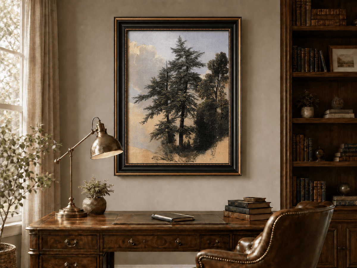 Peinture à l'huile de paysage - Grands pins dans une clairière forestière