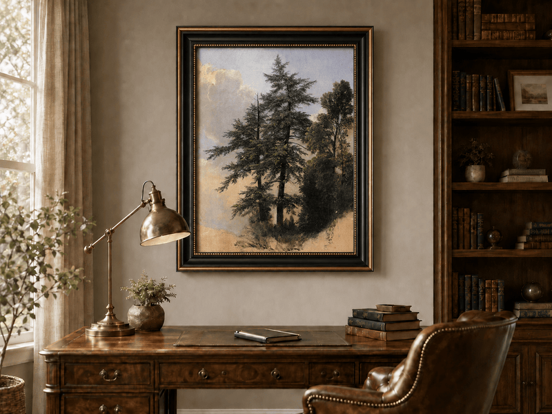 Peinture à l'huile de paysage - Grands pins dans une clairière forestière