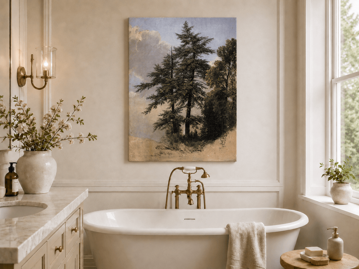 Peinture à l'huile de paysage - Grands pins dans une clairière forestière