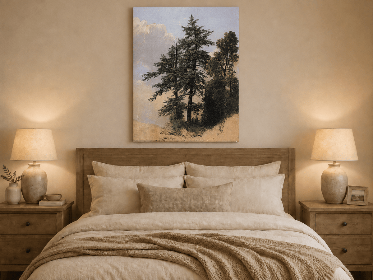 Peinture à l'huile de paysage - Grands pins dans une clairière forestière