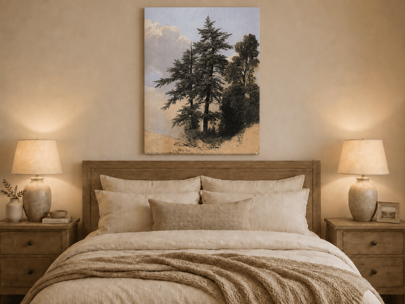 Peinture à l'huile de paysage - Grands pins dans une clairière forestière