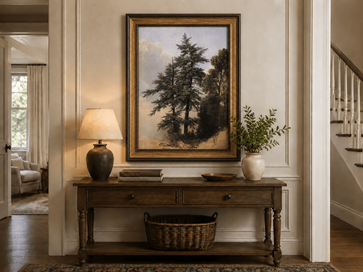 Peinture à l'huile de paysage - Grands pins dans une clairière forestière