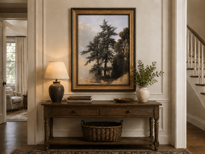 Peinture à l'huile de paysage - Grands pins dans une clairière forestière