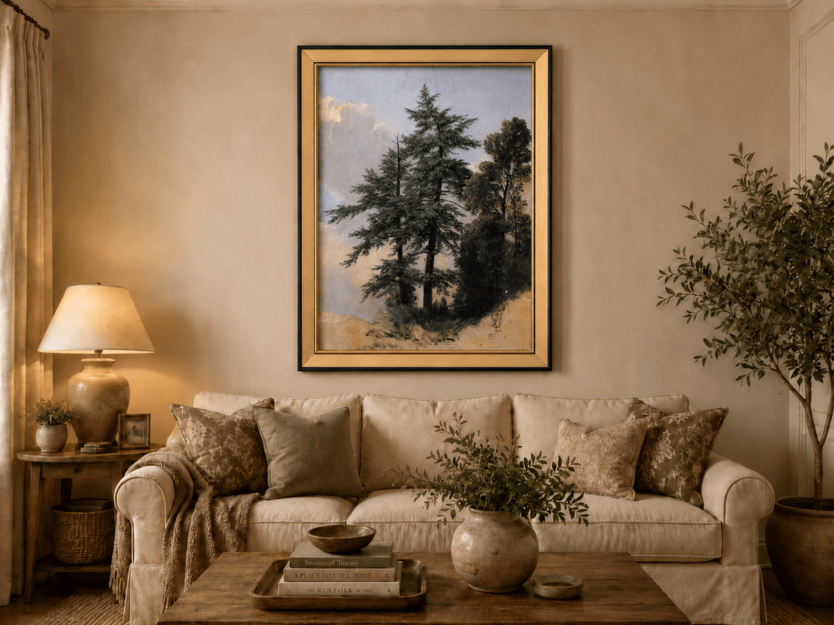 Peinture à l'huile de paysage - Grands pins dans une clairière forestière