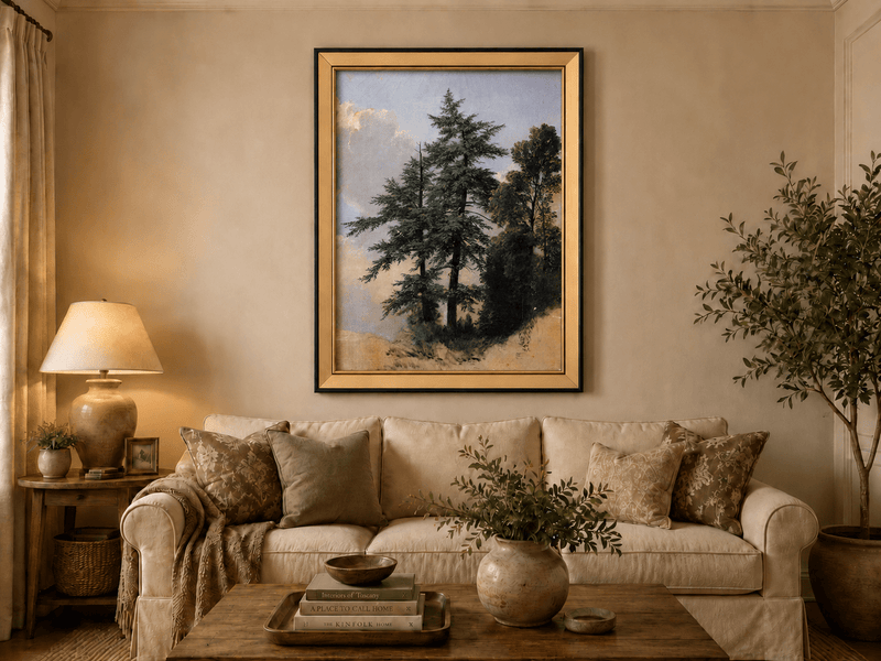 Peinture à l'huile de paysage - Grands pins dans une clairière forestière