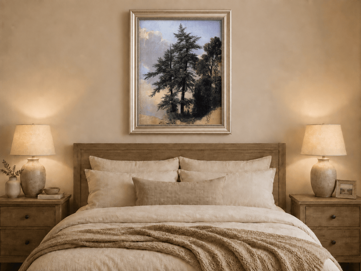 Peinture à l'huile de paysage - Grands pins dans une clairière forestière