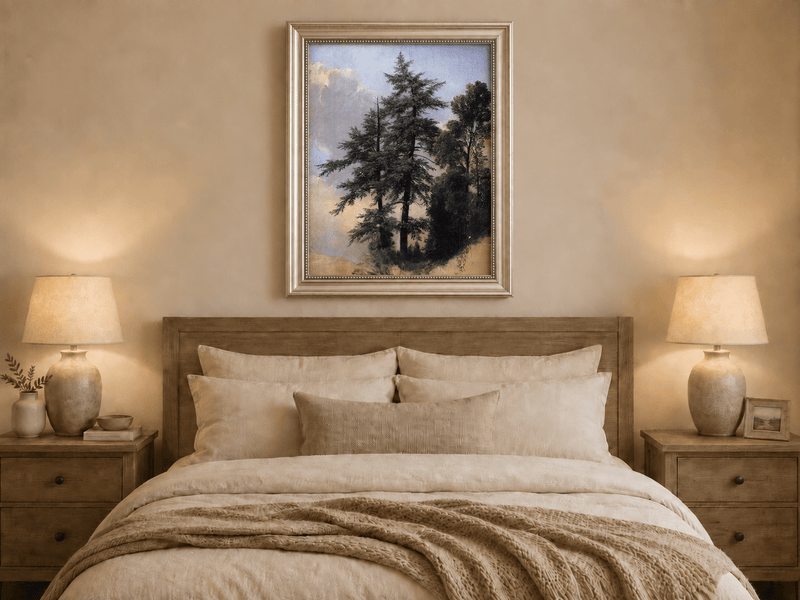 Peinture à l'huile de paysage - Grands pins dans une clairière forestière