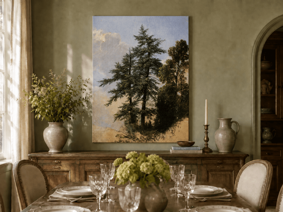 Peinture à l'huile de paysage - Grands pins dans une clairière forestière
