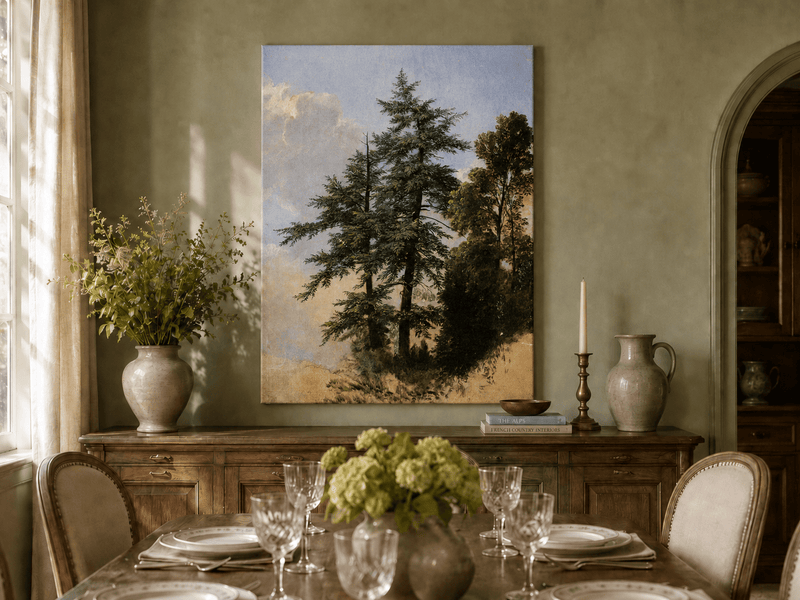 Peinture à l'huile de paysage - Grands pins dans une clairière forestière