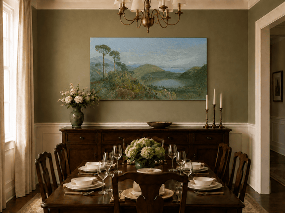 Unframed hand-painted valley lake oil painting with tall pines, a blue bay and green hills displayed above a formal dining table.