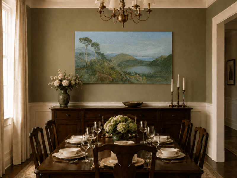 Unframed hand-painted valley lake oil painting with tall pines, a blue bay and green hills displayed above a formal dining table.