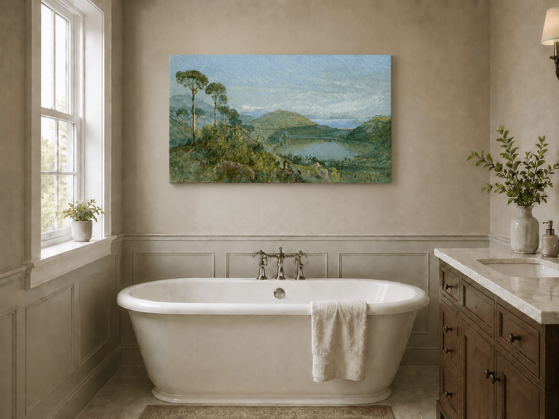 Unframed hand-painted valley lake oil painting with tall pines, a blue bay and green hills displayed above a freestanding bathtub.