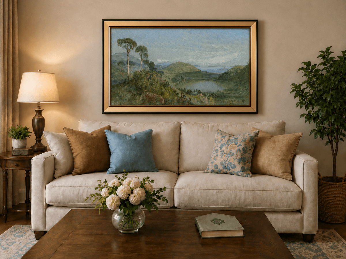 Framed hand-painted valley lake oil painting with tall pines, a blue bay and green hills displayed above a neutral living room sofa.