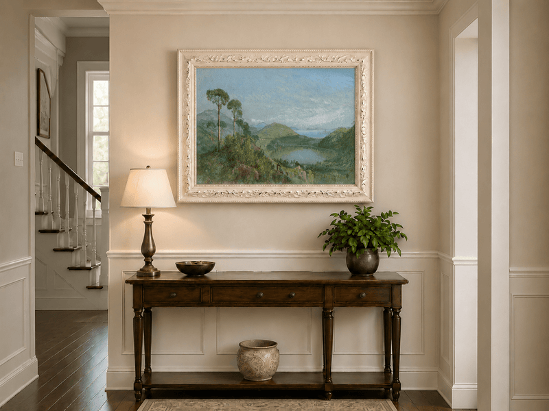 Framed hand-painted valley lake oil painting with tall pines, a blue bay and green hills displayed above an entryway console table.