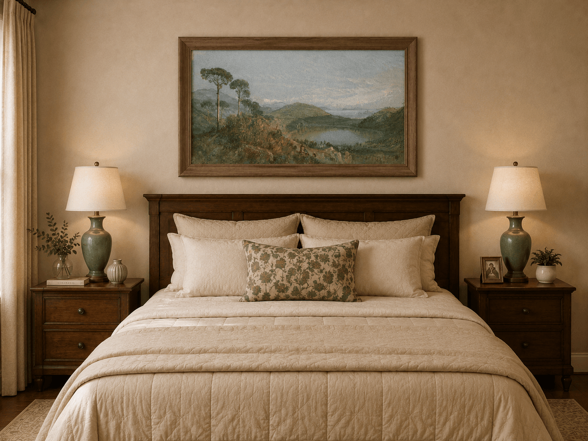 Framed hand-painted valley lake oil painting with tall pines, a blue bay and green hills displayed above a wooden bed in a neutral bedroom.