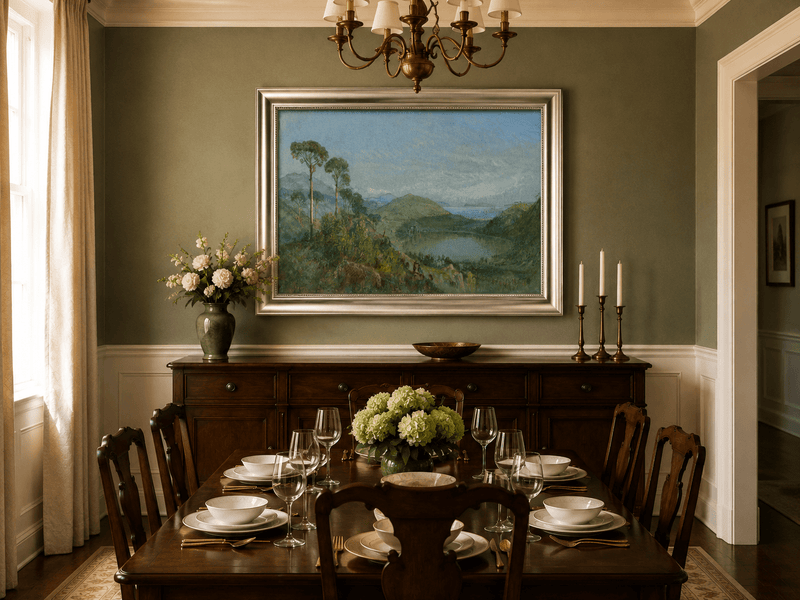 Framed hand-painted valley lake oil painting with tall pines, a blue bay and green hills displayed above a formal dining table.
