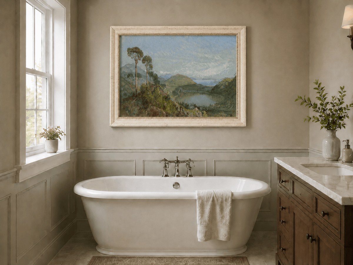 Framed hand-painted valley lake oil painting with tall pines, a blue bay and green hills displayed above a freestanding bathtub.