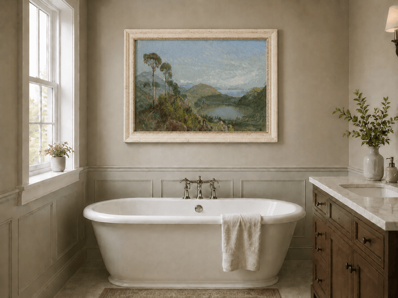 Framed hand-painted valley lake oil painting with tall pines, a blue bay and green hills displayed above a freestanding bathtub.