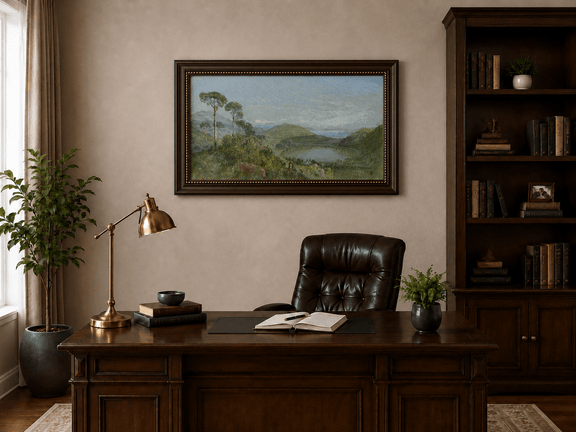 Framed hand-painted valley lake oil painting with tall pines, a blue bay and green hills displayed above a traditional home office desk.