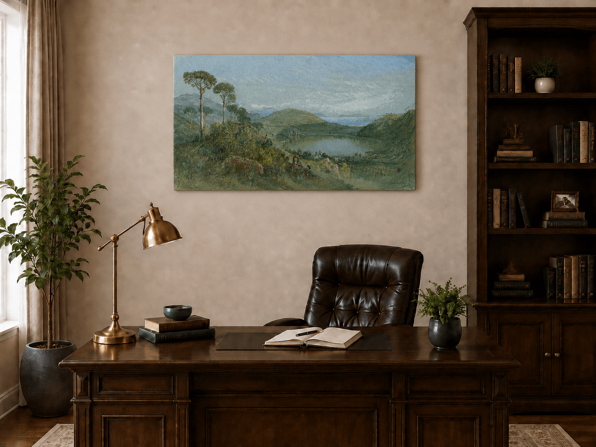 Unframed hand-painted valley lake oil painting with tall pines, a blue bay and green hills displayed above a traditional home office desk.