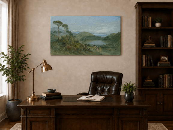 Unframed hand-painted valley lake oil painting with tall pines, a blue bay and green hills displayed above a traditional home office desk.