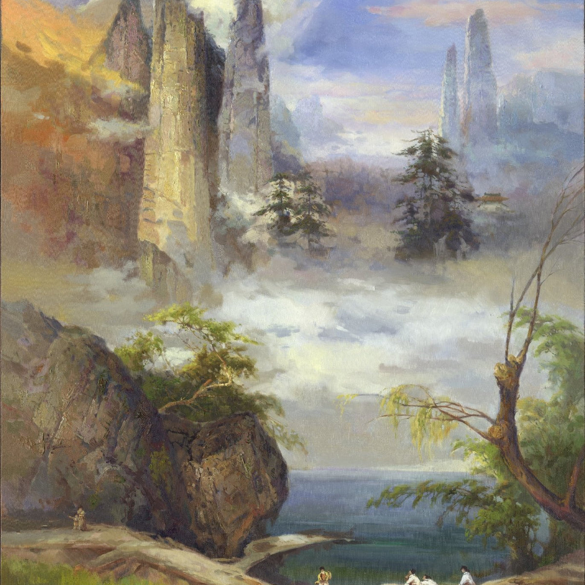 Landscape Oil Painting - Tall Stone Peaks: Lake, Shore Figures & Misty - Oil Painting Haven