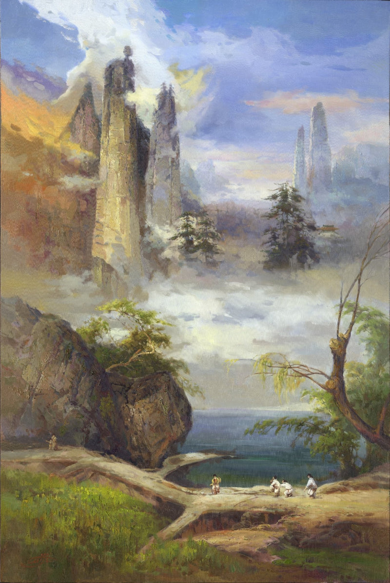 Landscape Oil Painting - Tall Stone Peaks: Lake, Shore Figures & Misty - Oil Painting Haven
