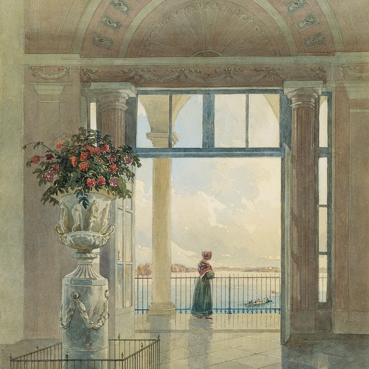 Hand-painted terrace view with lake and figure landscape oil painting on canvas