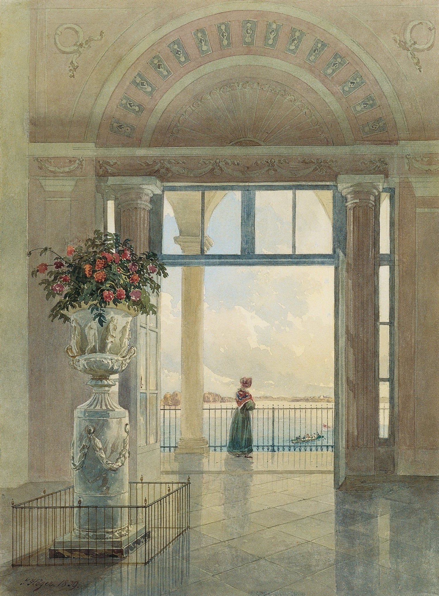 Hand-painted terrace view with lake and figure landscape oil painting on canvas