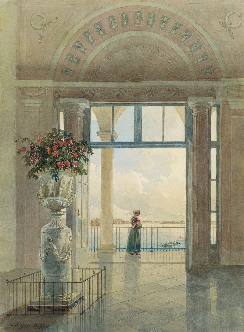 Hand-painted terrace view with lake and figure landscape oil painting on canvas