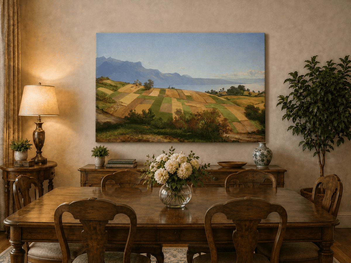 Peinture à l'huile de paysage - Terres agricoles en terrasses, lac et sommets montagneux