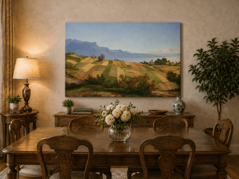 Peinture à l'huile de paysage - Terres agricoles en terrasses, lac et sommets montagneux