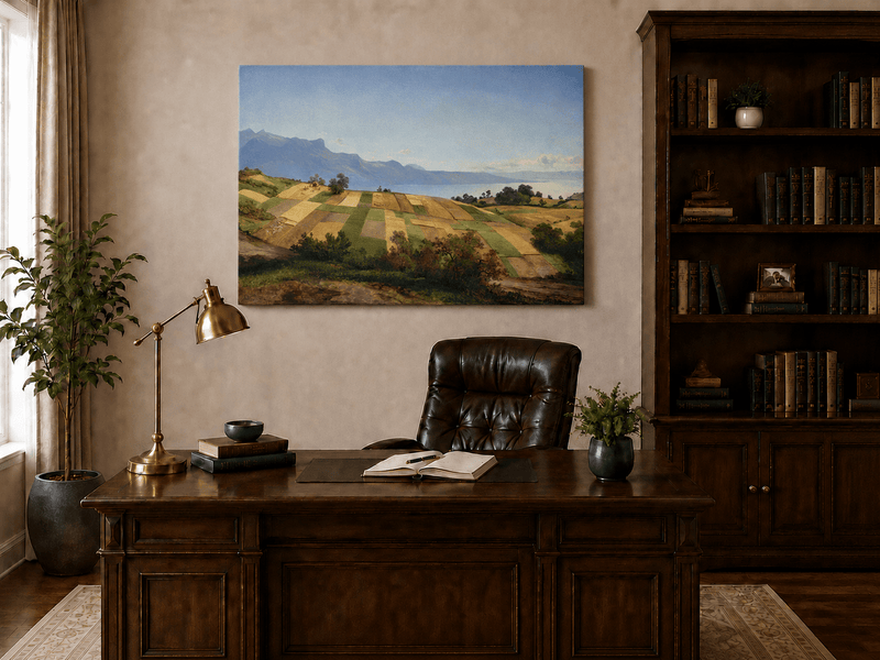 Peinture à l'huile de paysage - Terres agricoles en terrasses, lac et sommets montagneux