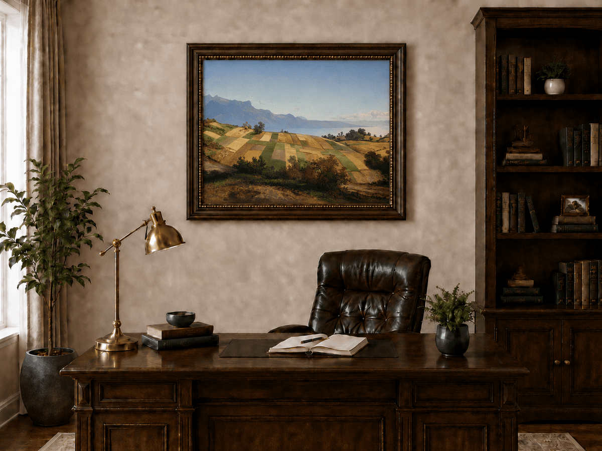 Peinture à l'huile de paysage - Terres agricoles en terrasses, lac et sommets montagneux