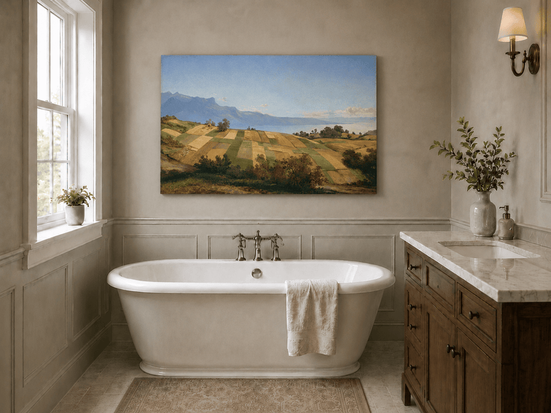 Peinture à l'huile de paysage - Terres agricoles en terrasses, lac et sommets montagneux