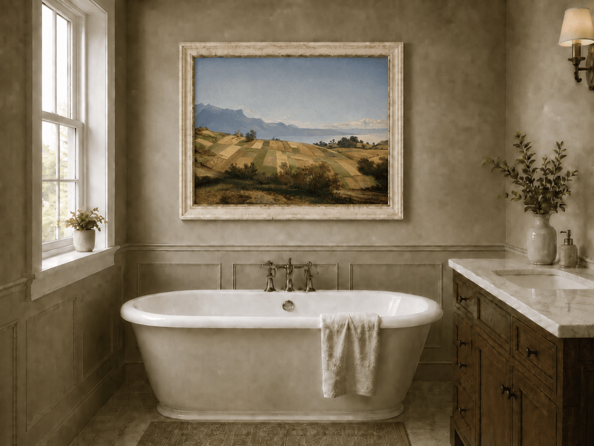 Peinture à l'huile de paysage - Terres agricoles en terrasses, lac et sommets montagneux