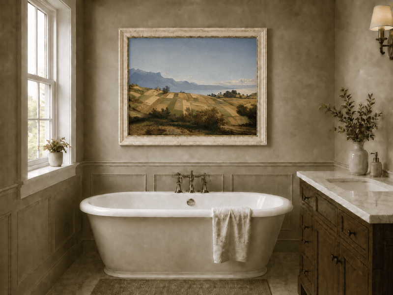 Peinture à l'huile de paysage - Terres agricoles en terrasses, lac et sommets montagneux