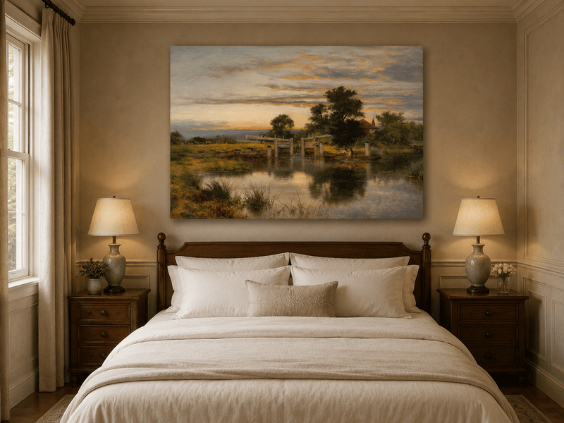 Peinture à l'huile de paysage - Village côtier avec phare et coucher de soleil