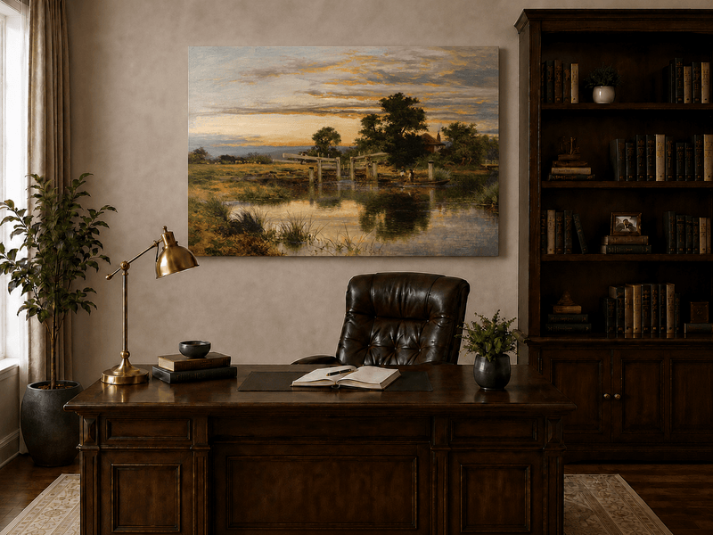 Peinture à l'huile de paysage - Village côtier avec phare et coucher de soleil