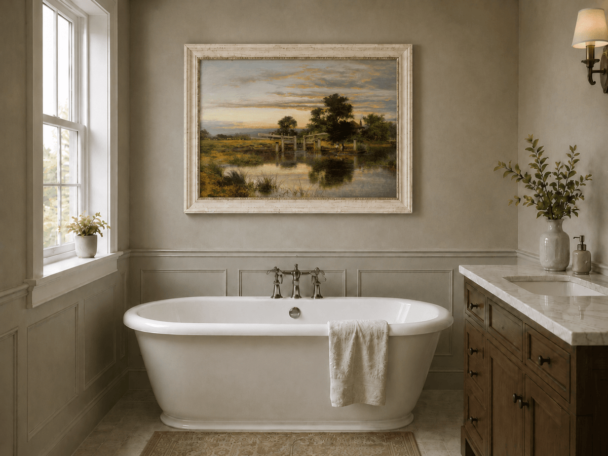 Peinture à l'huile de paysage - Village côtier avec phare et coucher de soleil