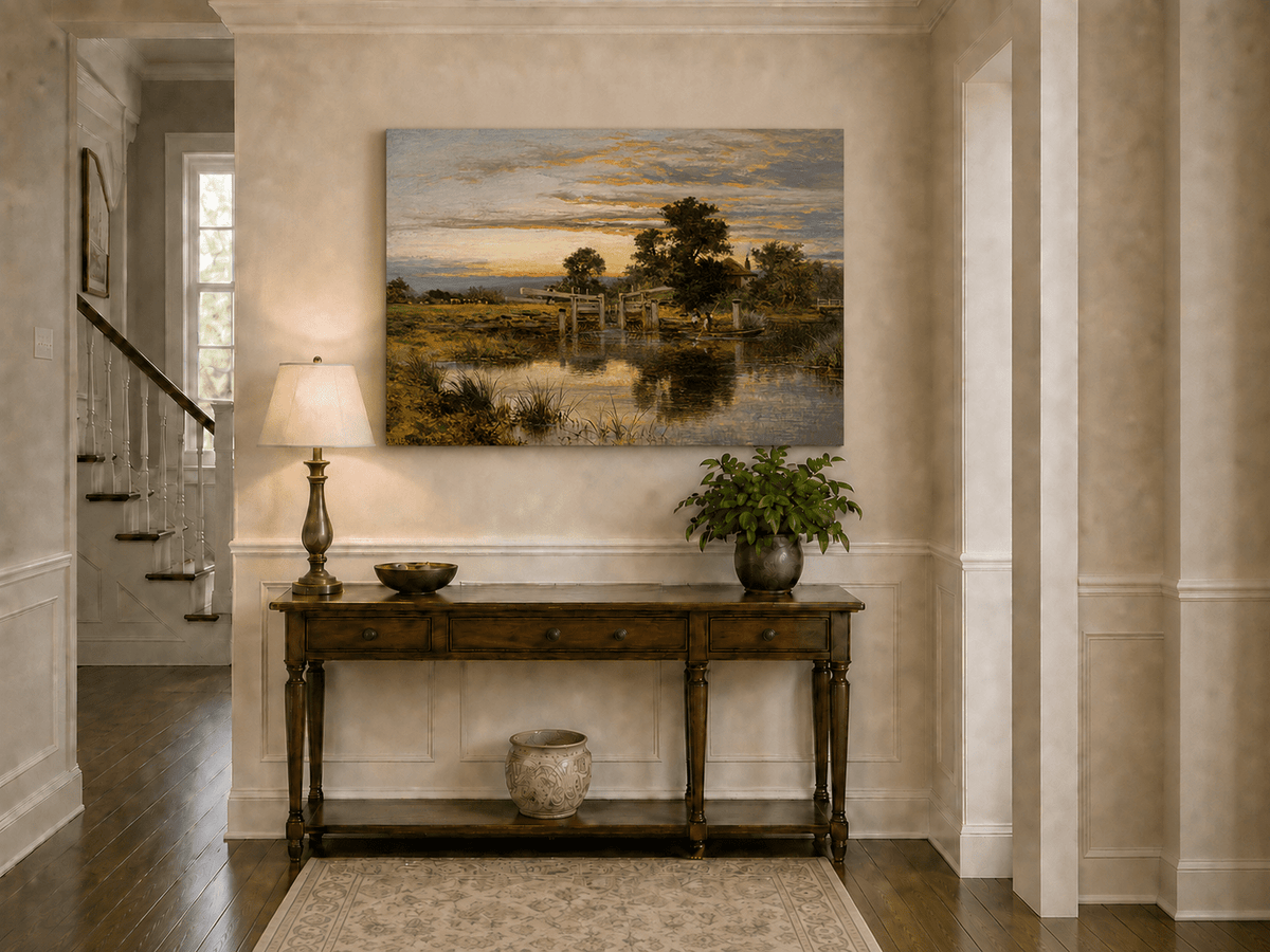 Peinture à l'huile de paysage - Village côtier avec phare et coucher de soleil