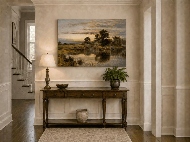 Peinture à l'huile de paysage - Village côtier avec phare et coucher de soleil
