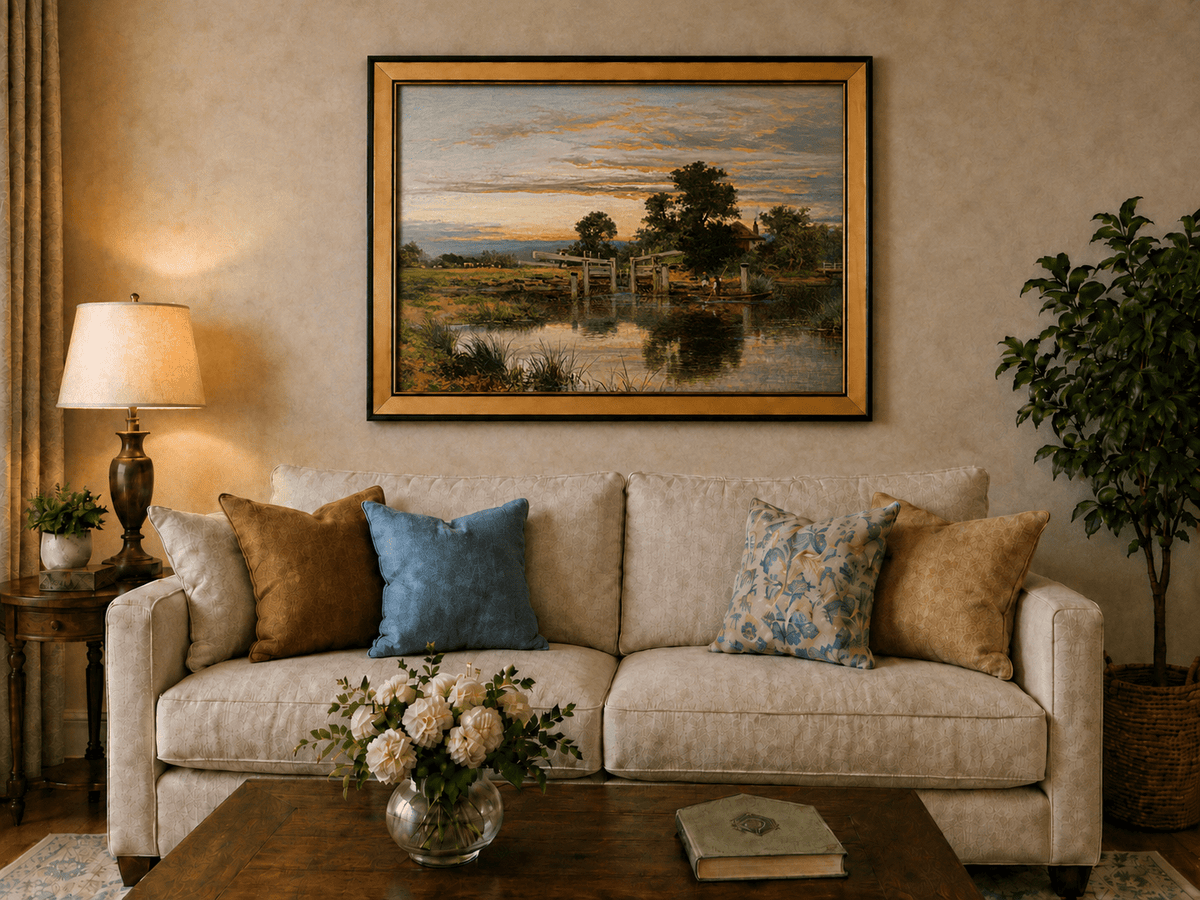 Peinture à l'huile de paysage - Village côtier avec phare et coucher de soleil