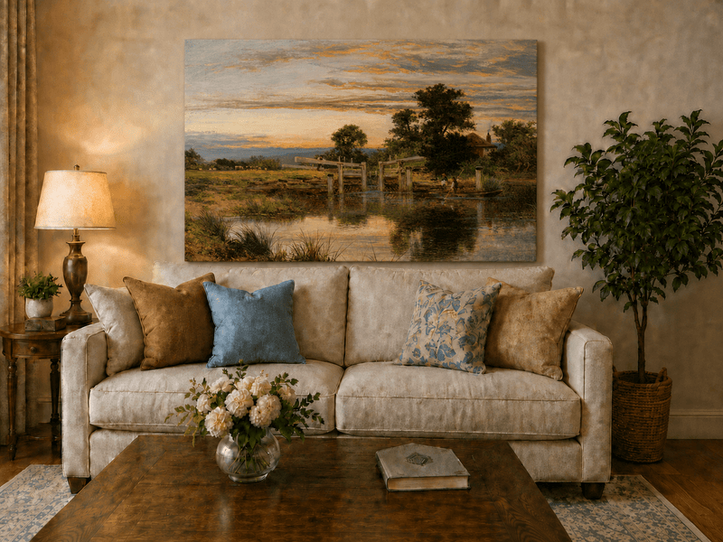 Peinture à l'huile de paysage - Village côtier avec phare et coucher de soleil