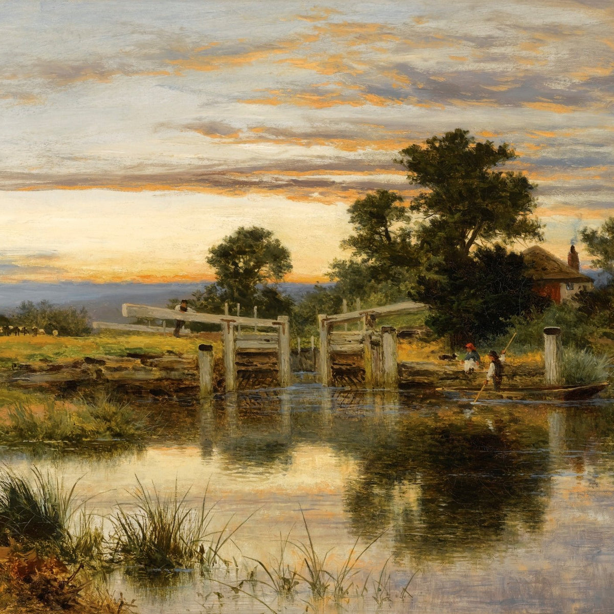 Hand-painted thames lock at sunset with boat landscape oil painting on canvas