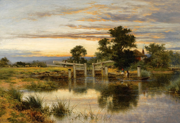 Hand-painted thames lock at sunset with boat landscape oil painting on canvas