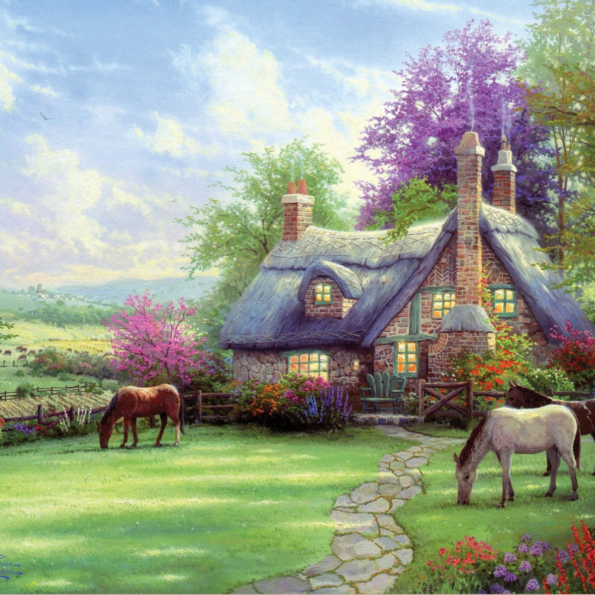 Landscape Oil Painting - Thatched Stone Cottage in Pastoral Scene - Oil Painting Haven