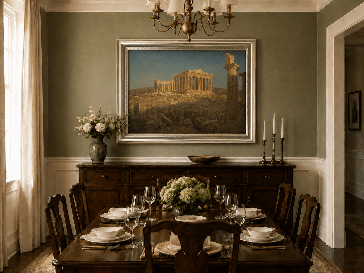 Parthenon ruins and golden light oil landscape artwork shown in a styled home interior.