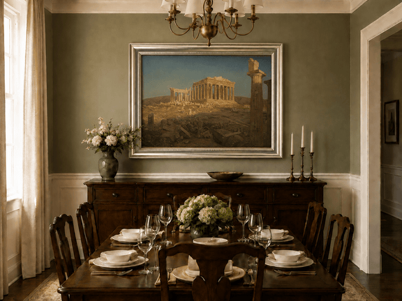 Parthenon ruins and golden light oil landscape artwork shown in a styled home interior.