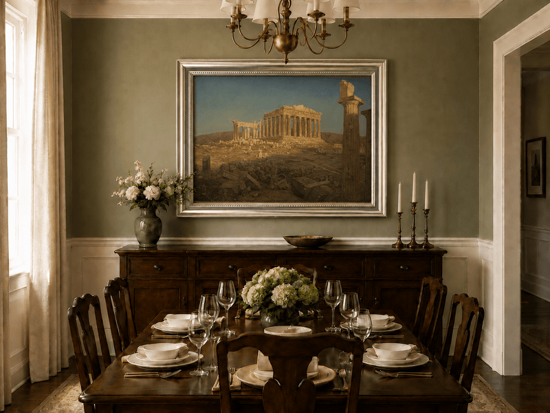 Parthenon ruins and golden light oil landscape artwork shown in a styled home interior.